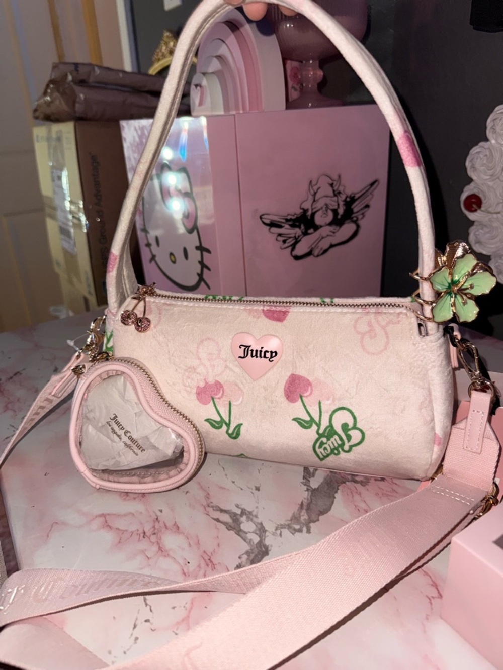 Juicy Couture Retro Juicy Cherry Shoulder/Crossbody Bag in Cream with Coin Pouch